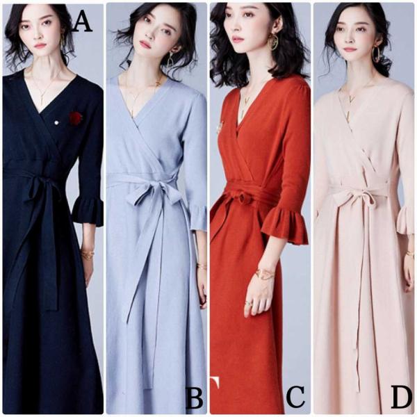 レディース　ボリュームスリーブ　フレアスリーブ　ワンピース　ミモレ丈　長袖　スカート　カジュアル　キュート　可愛い　フェミニン　きれいめ　上品　エレガント　おしゃれ　お出かけ　デイリー　普段着　ブルー　オレンジ　ベージュ　ブラック　M　L　サイズ　送料無料