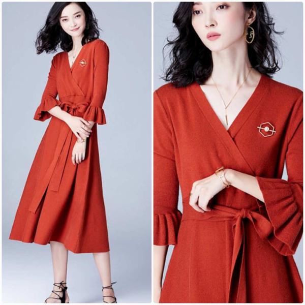 レディース　ボリュームスリーブ　フレアスリーブ　ワンピース　ミモレ丈　長袖　スカート　カジュアル　キュート　可愛い　フェミニン　きれいめ　上品　エレガント　おしゃれ　お出かけ　デイリー　普段着　ブルー　オレンジ　ベージュ　ブラック　M　L　サイズ　送料無料