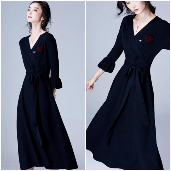 レディース　ボリュームスリーブ　フレアスリーブ　ワンピース　ミモレ丈　長袖　スカート　カジュアル　キュート　可愛い　フェミニン　きれいめ　上品　エレガント　おしゃれ　お出かけ　デイリー　普段着　ブルー　オレンジ　ベージュ　ブラック　M　L　サイズ　送料無料