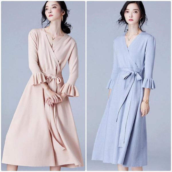 レディース　ボリュームスリーブ　フレアスリーブ　ワンピース　ミモレ丈　長袖　スカート　カジュアル　キュート　可愛い　フェミニン　きれいめ　上品　エレガント　おしゃれ　お出かけ　デイリー　普段着　ブルー　オレンジ　ベージュ　ブラック　M　L　サイズ　送料無料