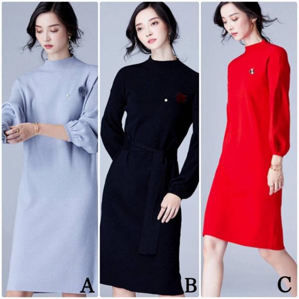 レディース　ボリュームスリーブ　パフスリーブ　ニットワンピース　ハイネック　長袖　スカート　カジュアル　キュート　可愛い　フェミニン　きれいめ　上品　エレガント　おしゃれ　お出かけ　デイリー　普段着　ブルー　レッド　ベージュ　ブラック　グリーン　送料無料