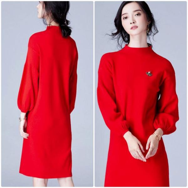 レディース　ボリュームスリーブ　パフスリーブ　ニットワンピース　ハイネック　長袖　スカート　カジュアル　キュート　可愛い　フェミニン　きれいめ　上品　エレガント　おしゃれ　お出かけ　デイリー　普段着　ブルー　レッド　ベージュ　ブラック　グリーン　送料無料