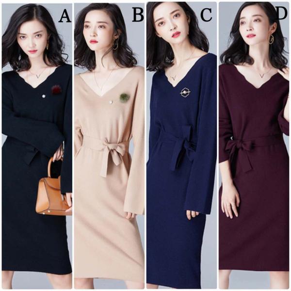 レディース　ニットワンピース　Vネック　長袖　スカート　カジュアル　キュート　可愛い　フェミニン　きれいめ　上品　エレガント　おしゃれ　お出かけ　デイリー　普段着　ネイビー　ワインレッド　ベージュ　ブラック　M　L　サイズ　送料無料