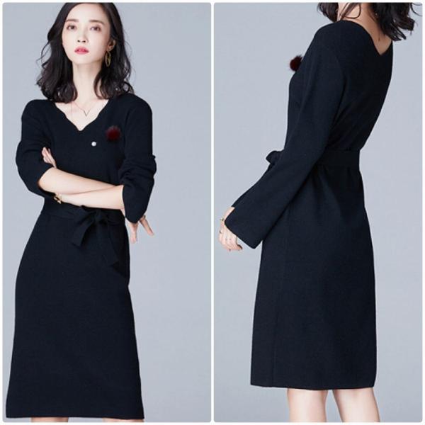 レディース　ニットワンピース　Vネック　長袖　スカート　カジュアル　キュート　可愛い　フェミニン　きれいめ　上品　エレガント　おしゃれ　お出かけ　デイリー　普段着　ネイビー　ワインレッド　ベージュ　ブラック　M　L　サイズ　送料無料