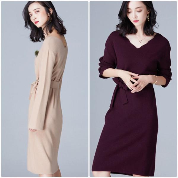 レディース　ニットワンピース　Vネック　長袖　スカート　カジュアル　キュート　可愛い　フェミニン　きれいめ　上品　エレガント　おしゃれ　お出かけ　デイリー　普段着　ネイビー　ワインレッド　ベージュ　ブラック　M　L　サイズ　送料無料