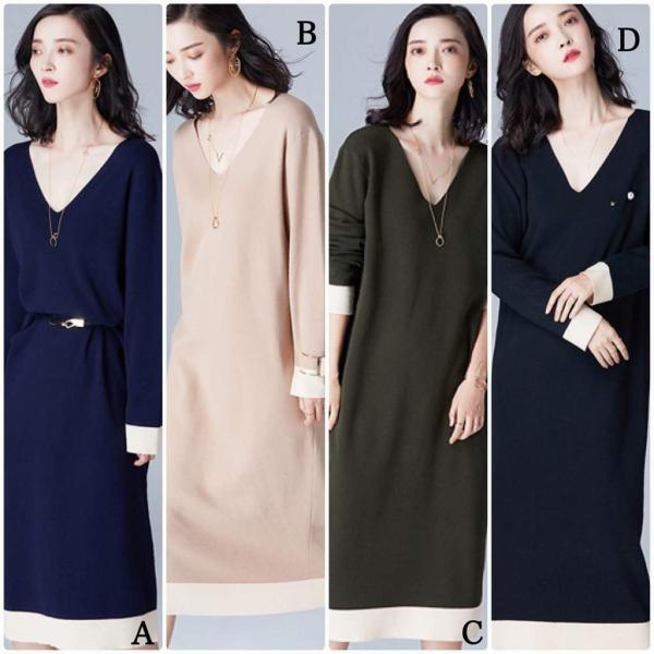 レディース　ニットワンピース　Vネック　長袖　スカート　カジュアル　キュート　可愛い　フェミニン　きれいめ　上品　エレガント　おしゃれ　お出かけ　デイリー　普段着　ネイビー　オリーブ　ベージュ　ブラック　M　L　サイズ　送料無料