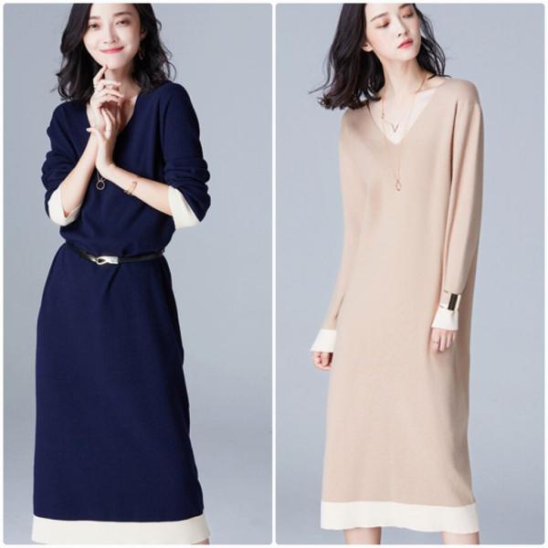 レディース　ニットワンピース　Vネック　長袖　スカート　カジュアル　キュート　可愛い　フェミニン　きれいめ　上品　エレガント　おしゃれ　お出かけ　デイリー　普段着　ネイビー　オリーブ　ベージュ　ブラック　M　L　サイズ　送料無料