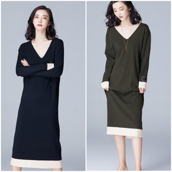 レディース　ニットワンピース　Vネック　長袖　スカート　カジュアル　キュート　可愛い　フェミニン　きれいめ　上品　エレガント　おしゃれ　お出かけ　デイリー　普段着　ネイビー　オリーブ　ベージュ　ブラック　M　L　サイズ　送料無料