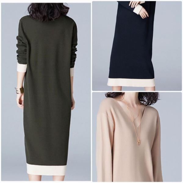 レディース　ニットワンピース　Vネック　長袖　スカート　カジュアル　キュート　可愛い　フェミニン　きれいめ　上品　エレガント　おしゃれ　お出かけ　デイリー　普段着　ネイビー　オリーブ　ベージュ　ブラック　M　L　サイズ　送料無料
