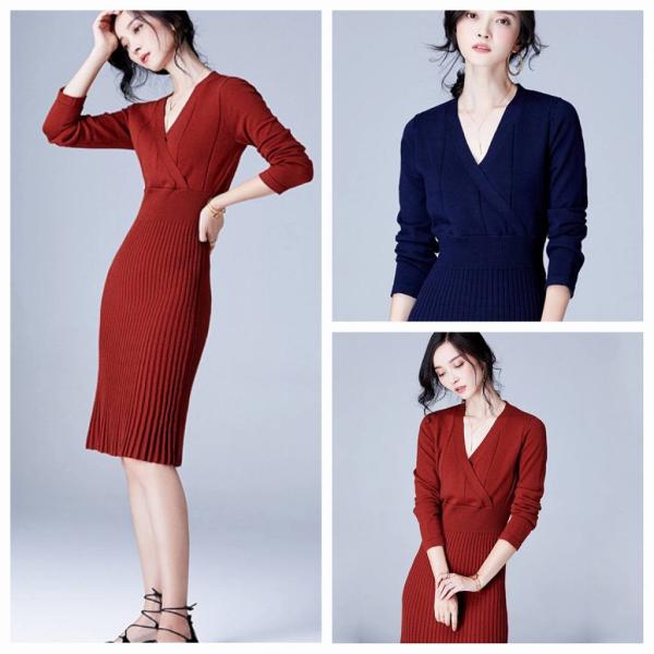 レディース　ニットワンピース　Vネック　長袖　スカート　カジュアル　キュート　可愛い　フェミニン　きれいめ　上品　エレガント　おしゃれ　お出かけ　デイリー　普段着　ネイビー　ベージュ　レッド　M　L　サイズ　送料無料