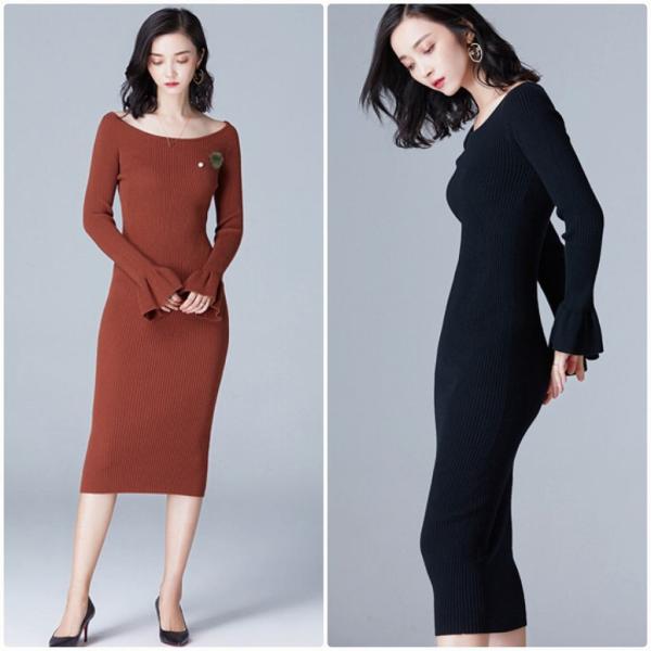 レディース　ボリュームスリーブ　フレアスリーブ　ニットワンピース　ボートネック　長袖　スカート　カジュアル　キュート　可愛い　フェミニン　きれいめ　上品　エレガント　おしゃれ　お出かけ　デイリー　普段着　ネイビー　ベージュ　ブラウン　ブラック　送料無料