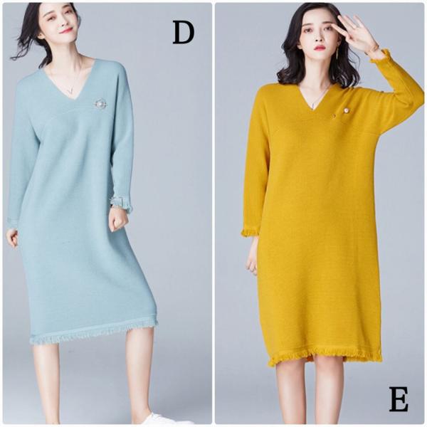 レディース　フリンジ　カットオフ　ニットワンピース　Vネック　長袖　スカート　カジュアル　キュート　可愛い　フェミニン　きれいめ　上品　エレガント　おしゃれ　お出かけ　デイリー　普段着　イエロー　ブラック　ブルー　ワインレッド　ネイビー　送料無料