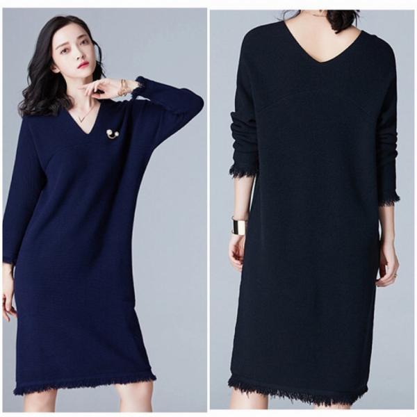 レディース　フリンジ　カットオフ　ニットワンピース　Vネック　長袖　スカート　カジュアル　キュート　可愛い　フェミニン　きれいめ　上品　エレガント　おしゃれ　お出かけ　デイリー　普段着　イエロー　ブラック　ブルー　ワインレッド　ネイビー　送料無料