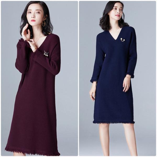 レディース　フリンジ　カットオフ　ニットワンピース　Vネック　長袖　スカート　カジュアル　キュート　可愛い　フェミニン　きれいめ　上品　エレガント　おしゃれ　お出かけ　デイリー　普段着　イエロー　ブラック　ブルー　ワインレッド　ネイビー　送料無料