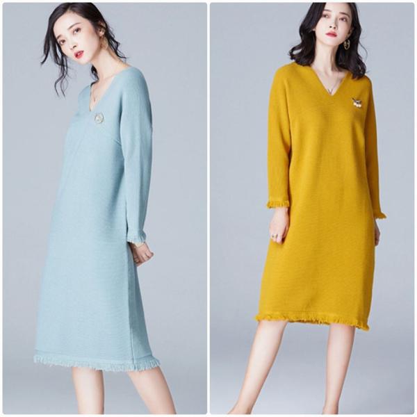 レディース　フリンジ　カットオフ　ニットワンピース　Vネック　長袖　スカート　カジュアル　キュート　可愛い　フェミニン　きれいめ　上品　エレガント　おしゃれ　お出かけ　デイリー　普段着　イエロー　ブラック　ブルー　ワインレッド　ネイビー　送料無料