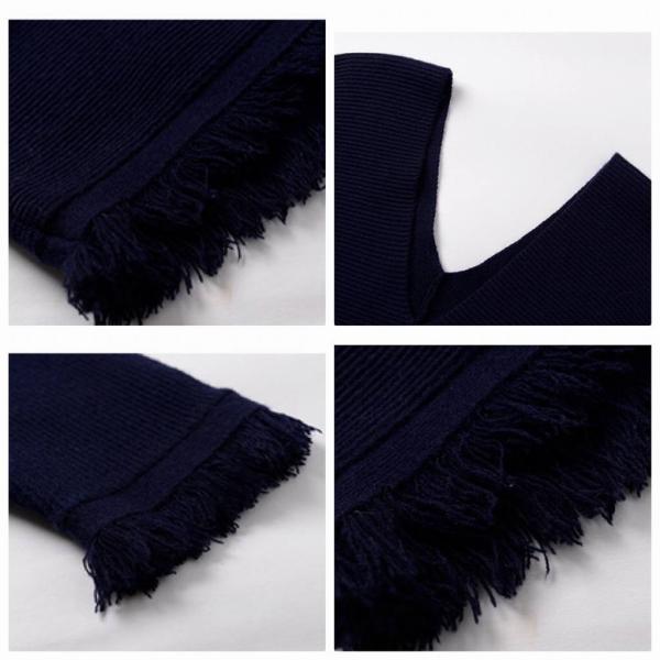 レディース　フリンジ　カットオフ　ニットワンピース　Vネック　長袖　スカート　カジュアル　キュート　可愛い　フェミニン　きれいめ　上品　エレガント　おしゃれ　お出かけ　デイリー　普段着　イエロー　ブラック　ブルー　ワインレッド　ネイビー　送料無料