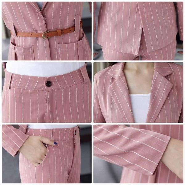 レディース　大きいサイズ　スーツ　パンツ　ストライプ　上下セット　セットアップ　アンクル丈　ジャケット　ボトムス　オフィス　ビジネス　きれいめ　おしゃれ　フォーマル　オリーブ　ピンク　 S　M　L　XL　2XL　サイズ　送料無料