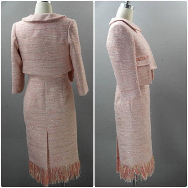 レディース　スーツ　スカート　ハイウエスト　フリンジ　上下セット　セットアップ　スリム　タイト　ジャケット　長袖　ボトムス　オフィス　ビジネス　きれいめ　おしゃれ　お呼ばれ　フォーマル　ピンク　S　M　L　サイズ　送料無料