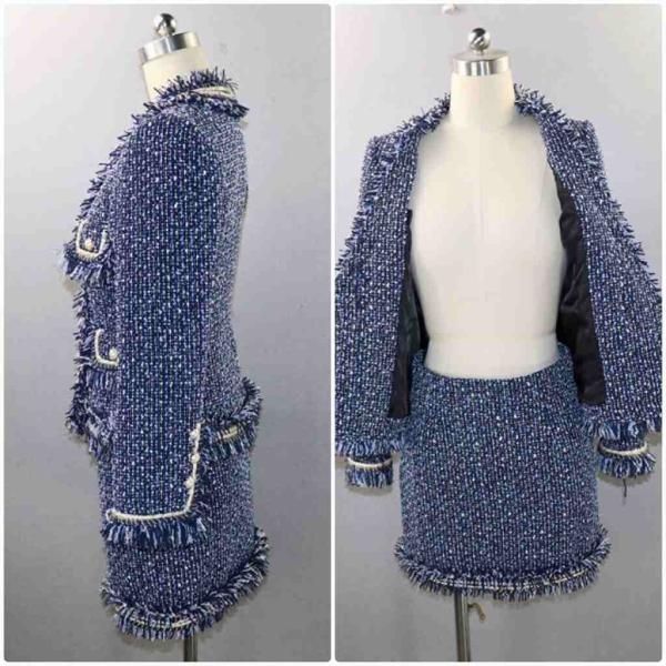 レディース　スーツ　スカート　フリンジ　上下セット　セットアップ　カットオフ　スリム　タイト　ジャケット　長袖　ボトムス　オフィス　ビジネス　きれいめ　おしゃれ　お呼ばれ　フォーマル　ブルー　XS　S　M　L　2XL　サイズ　送料無料
