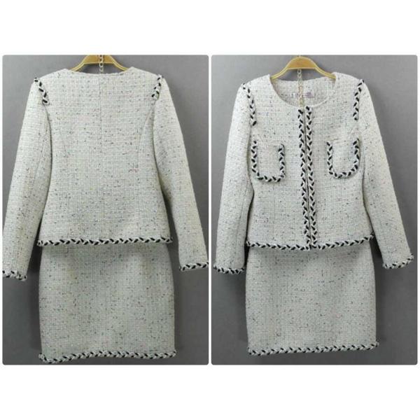 レディース　ノーカラー　丸首　スーツ　スカート　上下セット　セットアップ　スリム　タイト　ジャケット　長袖　ボトムス　入園式　入学式　卒園式　卒業式　きれいめ　おしゃれ　お呼ばれ　フォーマル　オフホワイト　XS　S　M　L　サイズ　送料無料