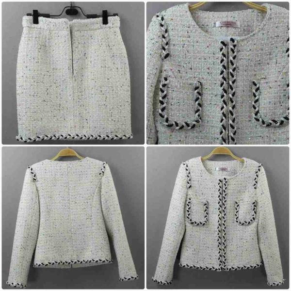 レディース　ノーカラー　丸首　スーツ　スカート　上下セット　セットアップ　スリム　タイト　ジャケット　長袖　ボトムス　入園式　入学式　卒園式　卒業式　きれいめ　おしゃれ　お呼ばれ　フォーマル　オフホワイト　XS　S　M　L　サイズ　送料無料