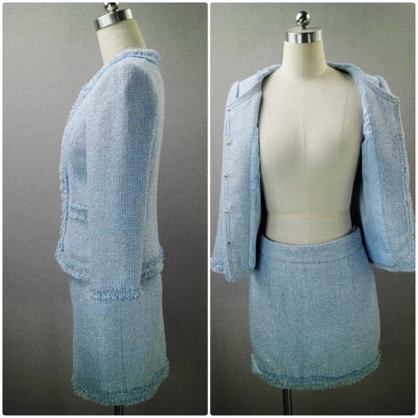 レディース　ノーカラー　丸首　スーツ　スカート　上下セット　セットアップ　スリム　タイト　ジャケット　長袖　ボトムス　入園式　入学式　卒園式　卒業式　きれいめ　おしゃれ　お呼ばれ　フォーマル　ブルー　XS　S　M　L　サイズ　送料無料