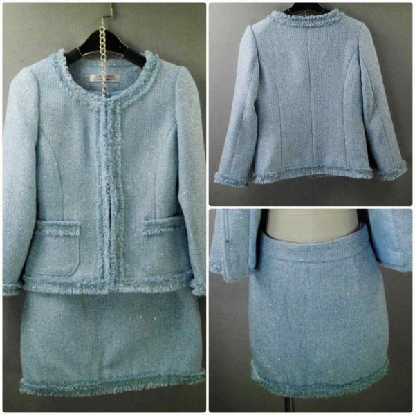 レディース　ノーカラー　丸首　スーツ　スカート　上下セット　セットアップ　スリム　タイト　ジャケット　長袖　ボトムス　入園式　入学式　卒園式　卒業式　きれいめ　おしゃれ　お呼ばれ　フォーマル　ブルー　XS　S　M　L　サイズ　送料無料