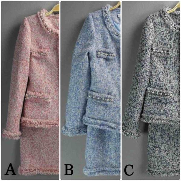 レディース　ノーカラー　丸首　スーツ　スカート　上下セット　セットアップ　スリム　タイト　ジャケット　長袖　ボトムス　入園式　入学式　卒園式　卒業式　きれいめ　おしゃれ　お呼ばれ　フォーマル　ピンク　ブラック　ブルー　XS　S　M　L　XL　サイズ　送料無料