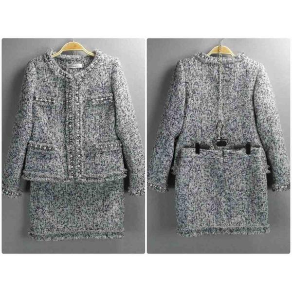 レディース　ノーカラー　丸首　スーツ　スカート　上下セット　セットアップ　スリム　タイト　ジャケット　長袖　ボトムス　入園式　入学式　卒園式　卒業式　きれいめ　おしゃれ　お呼ばれ　フォーマル　ピンク　ブラック　ブルー　XS　S　M　L　XL　サイズ　送料無料