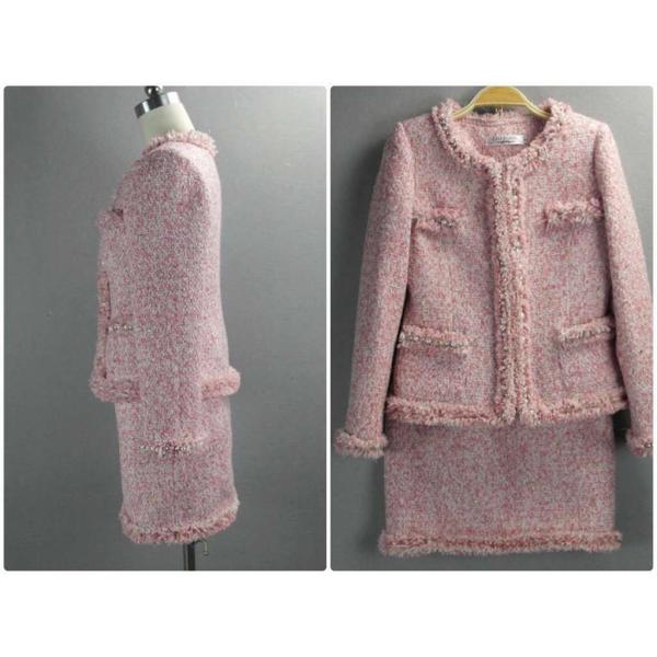 レディース　ノーカラー　丸首　スーツ　スカート　上下セット　セットアップ　スリム　タイト　ジャケット　長袖　ボトムス　入園式　入学式　卒園式　卒業式　きれいめ　おしゃれ　お呼ばれ　フォーマル　ピンク　ブラック　ブルー　XS　S　M　L　XL　サイズ　送料無料