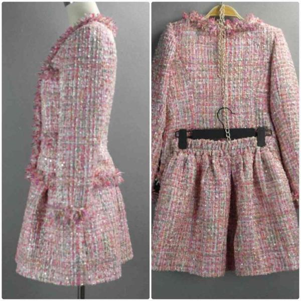 レディース　ノーカラー　丸首　スーツ　スカート　上下セット　セットアップ　スリム　タイト　ジャケット　長袖　ボトムス　入園式　入学式　卒園式　卒業式　きれいめ　おしゃれ　お呼ばれ　フォーマル　ピンク　XS　S　M　L　XL　サイズ　送料無料