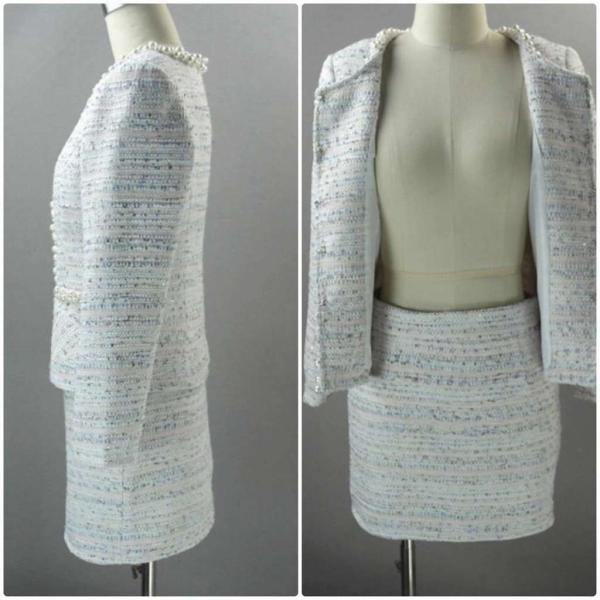 レディース　ノーカラー　丸首　スーツ　スカート　上下セット　セットアップ　スリム　タイト　ジャケット　長袖　ボトムス　入園式　入学式　卒園式　卒業式　きれいめ　おしゃれ　お呼ばれ　フォーマル　ホワイト　XS　S　M　L　XL　サイズ　送料無料