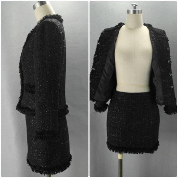 レディース　ノーカラー　丸首　スーツ　スカート　上下セット　セットアップ　スリム　タイト　ジャケット　長袖　ボトムス　入園式　入学式　卒園式　卒業式　きれいめ　おしゃれ　お呼ばれ　フォーマル　ブラック　XS　S　M　L　サイズ　送料無料