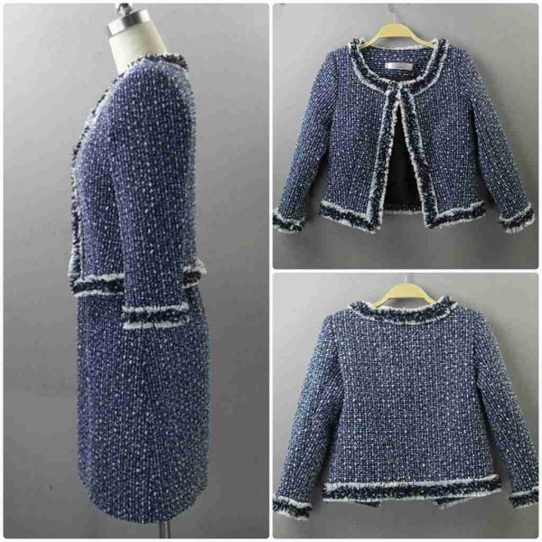 レディース　ノーカラー　丸首　スーツ　スカート　上下セット　セットアップ　スリム　タイト　ジャケット　長袖　ボトムス　入園式　入学式　卒園式　卒業式　きれいめ　おしゃれ　お呼ばれ　フォーマル　ブルー　XS　S　M　L　サイズ　送料無料