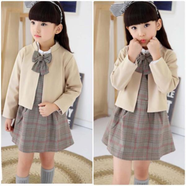 キッズ　2点セット　ワンピース　ジャケット　ブレザー　スカート　チェック柄　ボトムス　女の子　可愛い　子供　ジュニア　子供服　フォーマル　入園式　入学式　卒園式　卒業式　グレー　カーキ　1011121314151617cm　サイズ　送料無料
