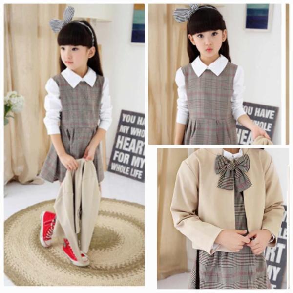 キッズ　2点セット　ワンピース　ジャケット　ブレザー　スカート　チェック柄　ボトムス　女の子　可愛い　子供　ジュニア　子供服　フォーマル　入園式　入学式　卒園式　卒業式　グレー　カーキ　1011121314151617cm　サイズ　送料無料