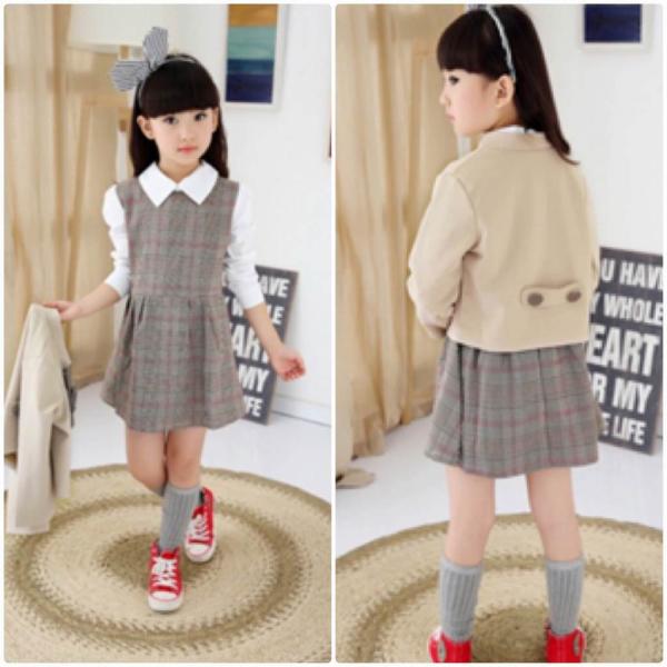 キッズ　2点セット　ワンピース　ジャケット　ブレザー　スカート　チェック柄　ボトムス　女の子　可愛い　子供　ジュニア　子供服　フォーマル　入園式　入学式　卒園式　卒業式　グレー　カーキ　1011121314151617cm　サイズ　送料無料