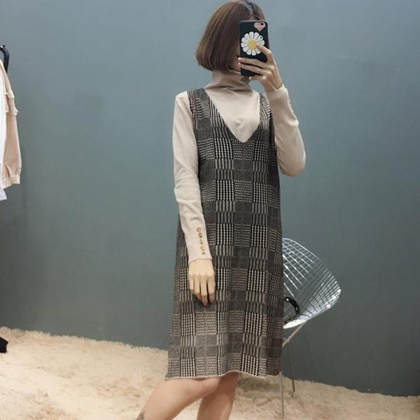 レディース　ワンピース　ニット　2点セット　カットソー　セーター　長袖　チェック　スカート　トップス　カジュアル　キュート　大人　可愛い　フェミニン　おしゃれ　お出かけ　デイリー　普段着　ブラック　フリーサイズ　ワンサイズ　送料無料