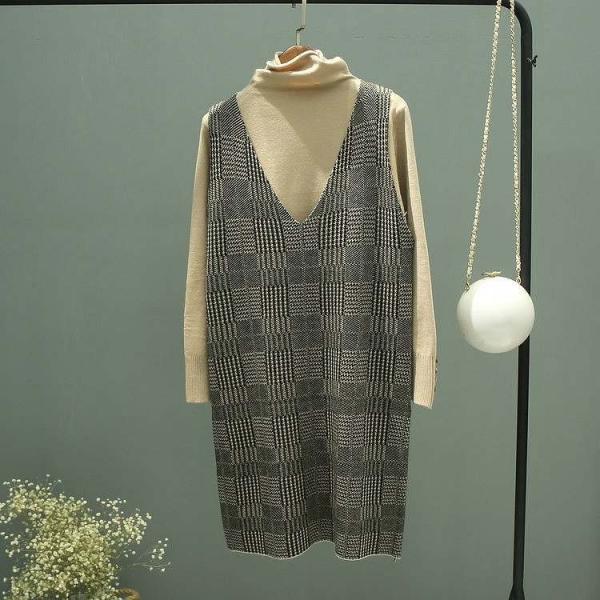 レディース　ワンピース　ニット　2点セット　カットソー　セーター　長袖　チェック　スカート　トップス　カジュアル　キュート　大人　可愛い　フェミニン　おしゃれ　お出かけ　デイリー　普段着　ブラック　フリーサイズ　ワンサイズ　送料無料