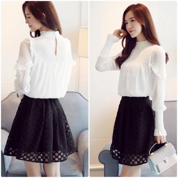 レディース　大きいサイズ　ボトルネック　フレアスリーブ　ブラウス　シャツ　長袖　トップス　カジュアル　キュート　大人　可愛い　フェミニン　おしゃれ　お出かけ　デート　オフィス　デイリー　普段着　ホワイト　S　M　L　XL　2XL　送料無料