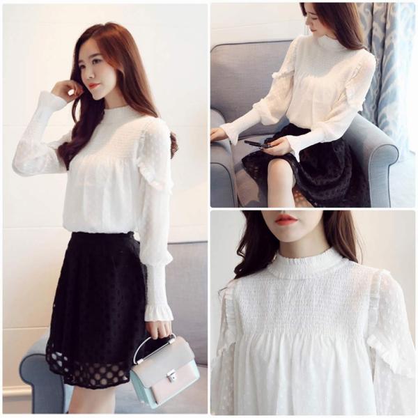 レディース　大きいサイズ　ボトルネック　フレアスリーブ　ブラウス　シャツ　長袖　トップス　カジュアル　キュート　大人　可愛い　フェミニン　おしゃれ　お出かけ　デート　オフィス　デイリー　普段着　ホワイト　S　M　L　XL　2XL　送料無料