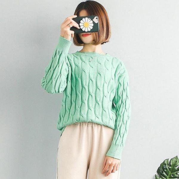 レディース　ケーブル編み　ニット　カットソー　セーター　長袖　トップス　カジュアル　キュート　大人　可愛い　フェミニン　おしゃれ　お出かけ　オフィス　デイリー　普段着　グリーン　ベージュ　ピンク　ホワイト　ブルー　フリーサイズ　ワンサイズ　送料無料