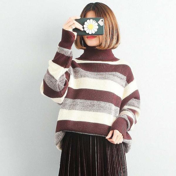レディース　ボーダー　ニット　カットソー　セーター　タートルネック　長袖　トップス　カジュアル　キュート　大人　可愛い　フェミニン　おしゃれ　お出かけ　オフィス　デイリー　普段着　ブラウン　グリーン　オレンジ　ブラック　フリーサイズ　ワンサイズ　送料無料