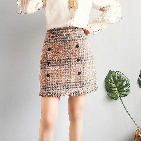 レディース　ミニ丈　チェック柄　スカート　フリンジ　ハイウエスト　ボトムス　カジュアル　キュート　可愛い　フェミニン　きれいめ　エレガント　上品　おしゃれ　お出かけ　オフィス　デイリー　普段着　S　M　L　サイズ　送料無料