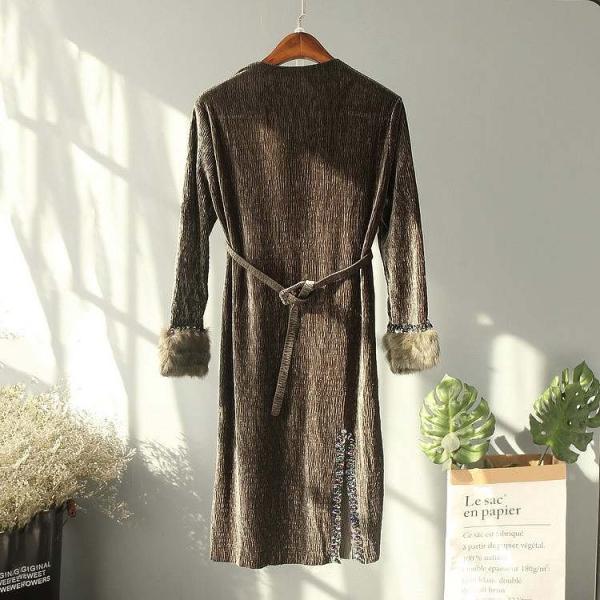 レディース　ワンピース　ミディ丈　ファー　ベルト　長袖　スカート　カジュアル　キュート　可愛い　フェミニン　きれいめ　上品　エレガント　おしゃれ　お出かけ　デイリー　普段着　ブラウン　パープル　オリーブ　ブラック　フリーサイズ　ワンサイズ　送料無料