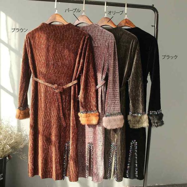 レディース　ワンピース　ミディ丈　ファー　ベルト　長袖　スカート　カジュアル　キュート　可愛い　フェミニン　きれいめ　上品　エレガント　おしゃれ　お出かけ　デイリー　普段着　ブラウン　パープル　オリーブ　ブラック　フリーサイズ　ワンサイズ　送料無料