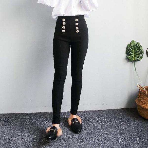 レディース　ハイウエスト　パンツ　ダブルブレスト　裏地フリース　ボトムス　カジュアル　キュート　可愛い　フェミニン　きれいめ　おしゃれ　お出かけ　デイリー　普段着　ブラック　Ｓ　M　L　サイズ　送料無料