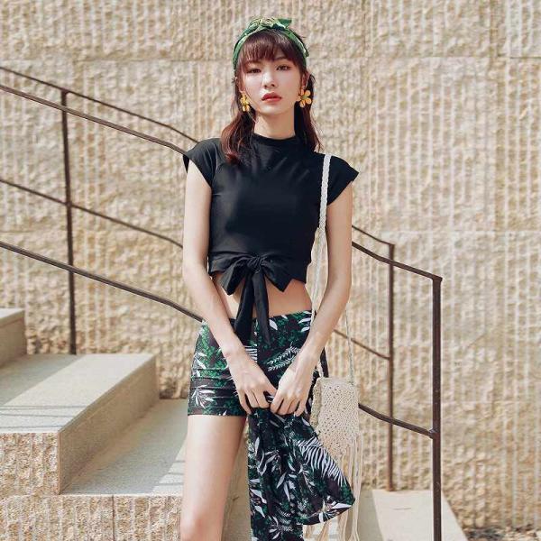 レディース 水着 3点セット タンキニ ホットパンツ ロング パレオ 体型カバー 無地 リーフ柄 大人可愛い キュート セクシー 温泉 海 プール スイミング ビーチ リゾート マリン 海水浴 ブラック M L XL 送料無料
