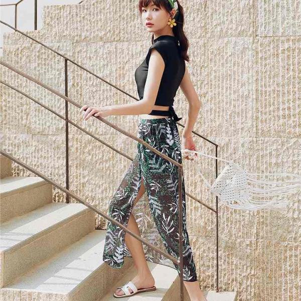 レディース 水着 3点セット タンキニ ホットパンツ ロング パレオ 体型カバー 無地 リーフ柄 大人可愛い キュート セクシー 温泉 海 プール スイミング ビーチ リゾート マリン 海水浴 ブラック M L XL 送料無料