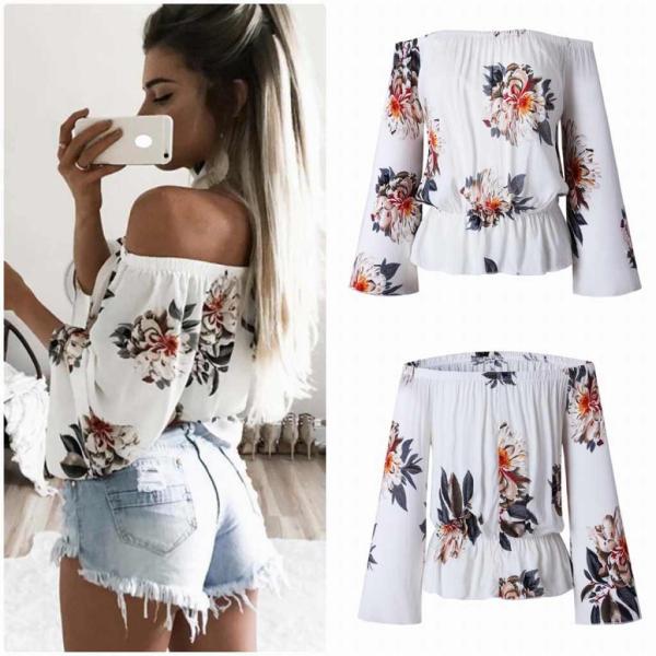 レディース　大きいサイズ　ボタニカル柄　花柄　ボリュームスリーブ　フレアスリーブ　オフショルダー　春　夏　トップス　カジュアル　キュート　大人　可愛い　フェミニン　おしゃれ　お出かけ　普段着　デイリー　ホワイト　ブラック　2XL　3XL　送料無料